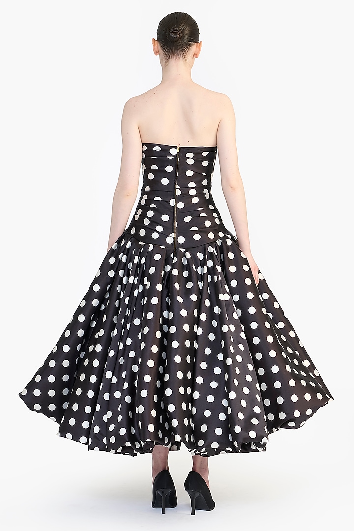Black Mikado Polka Dot Printed Strapless Midi Party Wear Dress by Gauri And Nainika at Pernia's Pop Up Shop