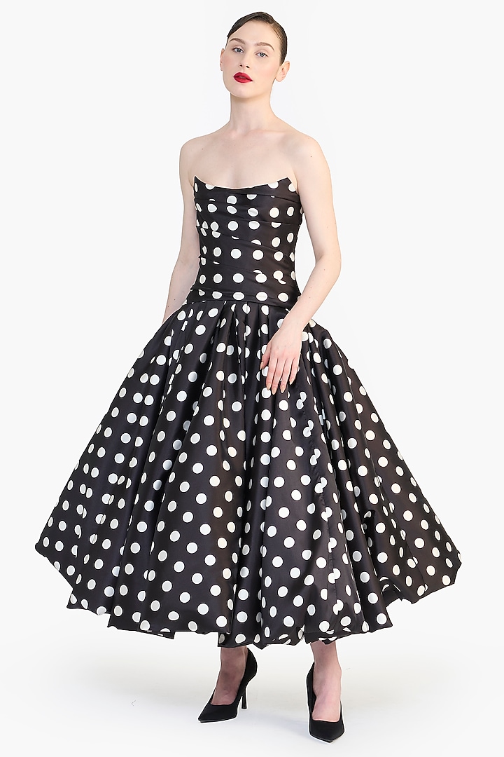 Black Mikado Polka Dot Printed Strapless Midi Party Wear Dress by Gauri And Nainika at Pernia's Pop Up Shop