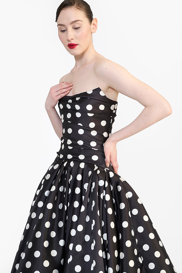 Black Mikado Polka Dot Printed Strapless Midi Party Wear Dress by Gauri And Nainika at Pernia's Pop Up Shop