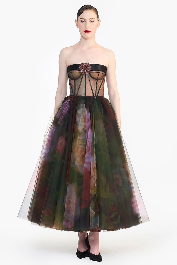 Multi-Colored Tulle Corseted Midi Party Wear Dress by Gauri And Nainika at Pernia's Pop Up Shop