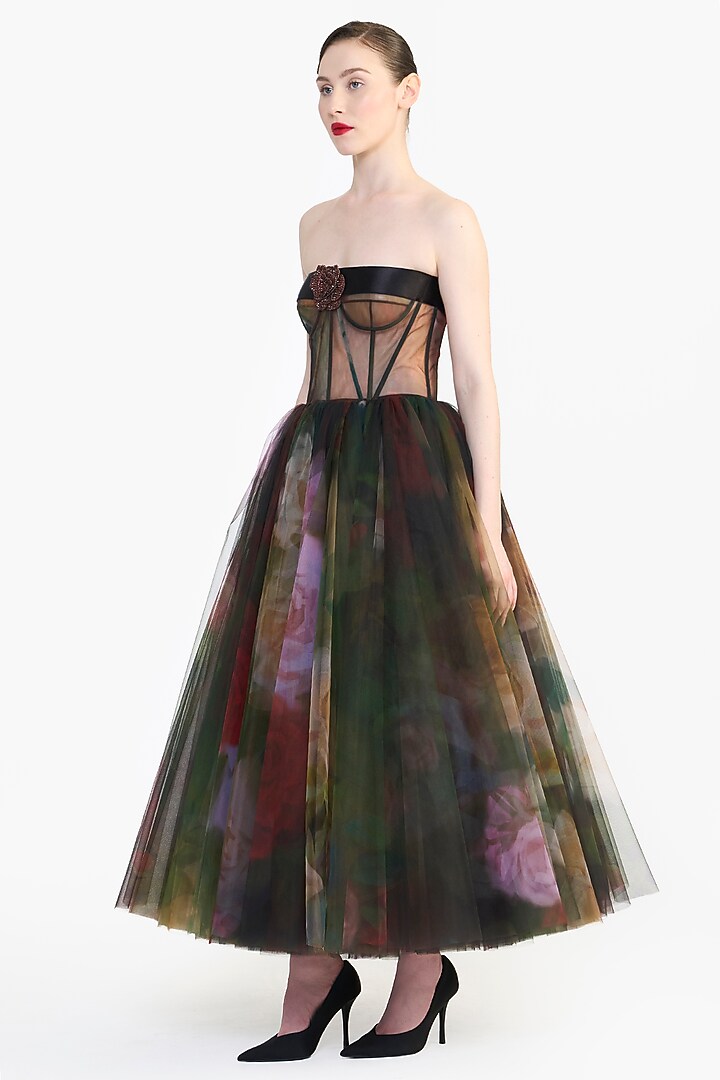 Multi-Colored Tulle Corseted Midi Party Wear Dress by Gauri And Nainika at Pernia's Pop Up Shop
