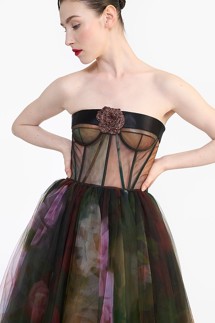 Multi-Colored Tulle Corseted Midi Party Wear Dress by Gauri And Nainika at Pernia's Pop Up Shop