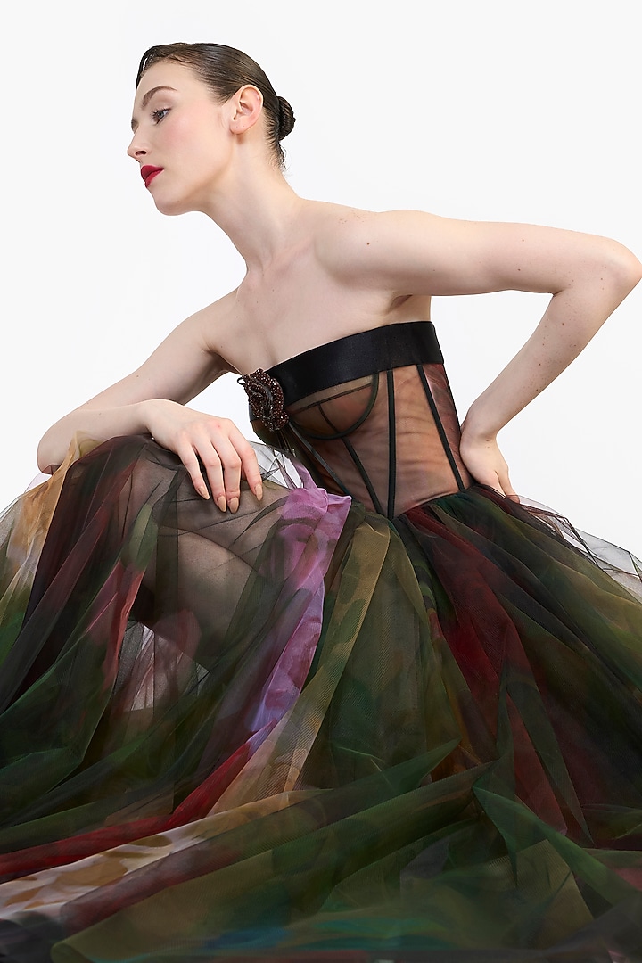 Multi-Colored Tulle Corseted Midi Party Wear Dress by Gauri And Nainika at Pernia's Pop Up Shop