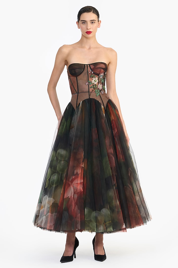 Multi-Colored Tulle Corseted Midi Party Wear Dress by Gauri And Nainika at Pernia's Pop Up Shop