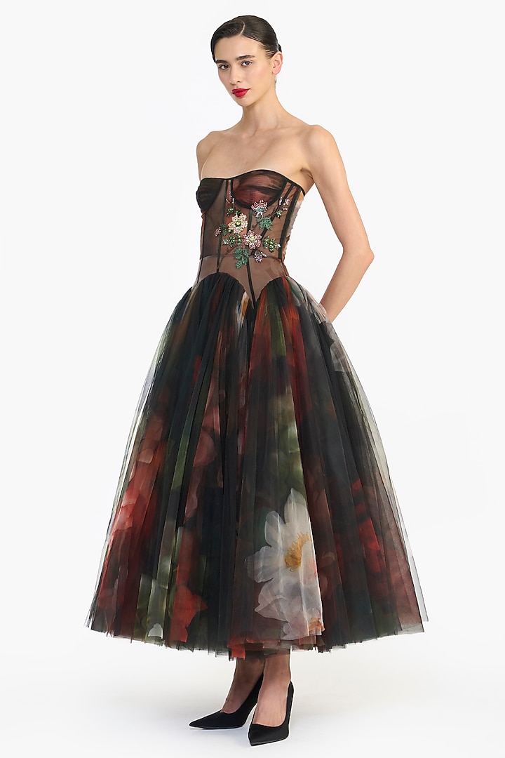 Multi-Colored Tulle Corseted Midi Party Wear Dress by Gauri And Nainika at Pernia's Pop Up Shop