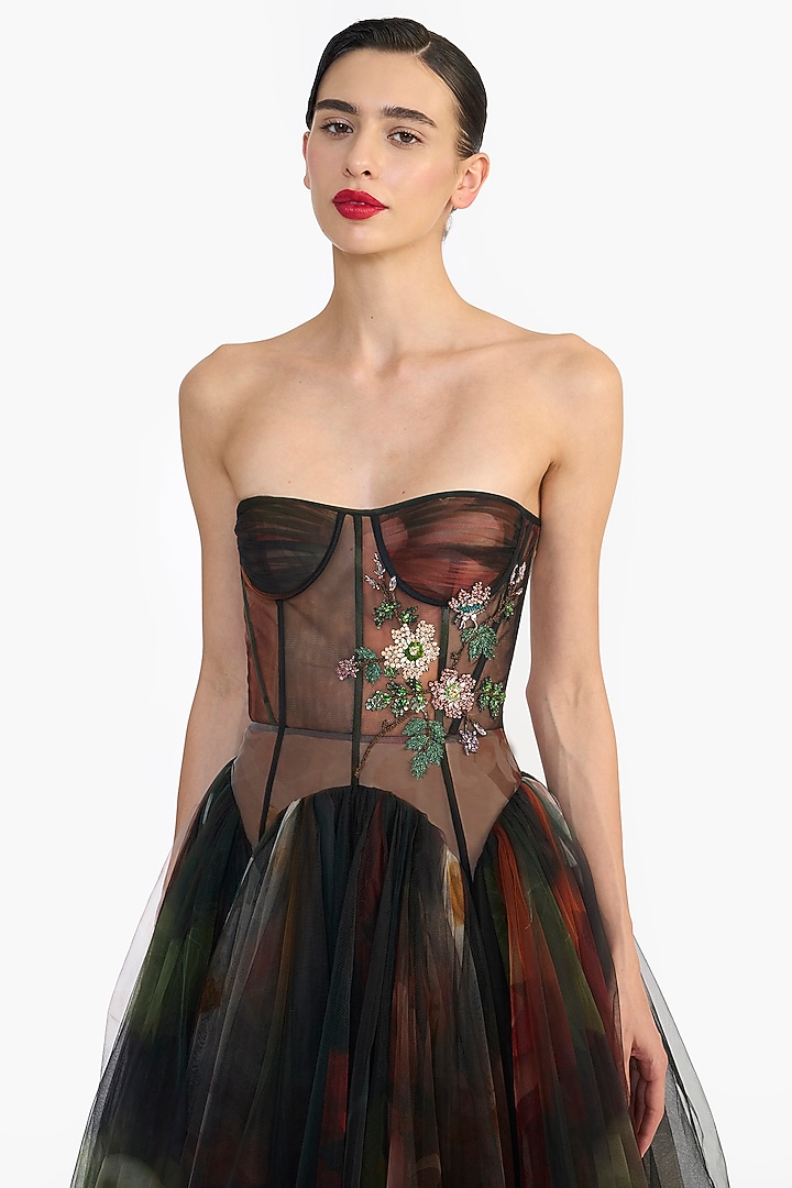 Multi-Colored Tulle Corseted Midi Party Wear Dress by Gauri And Nainika at Pernia's Pop Up Shop