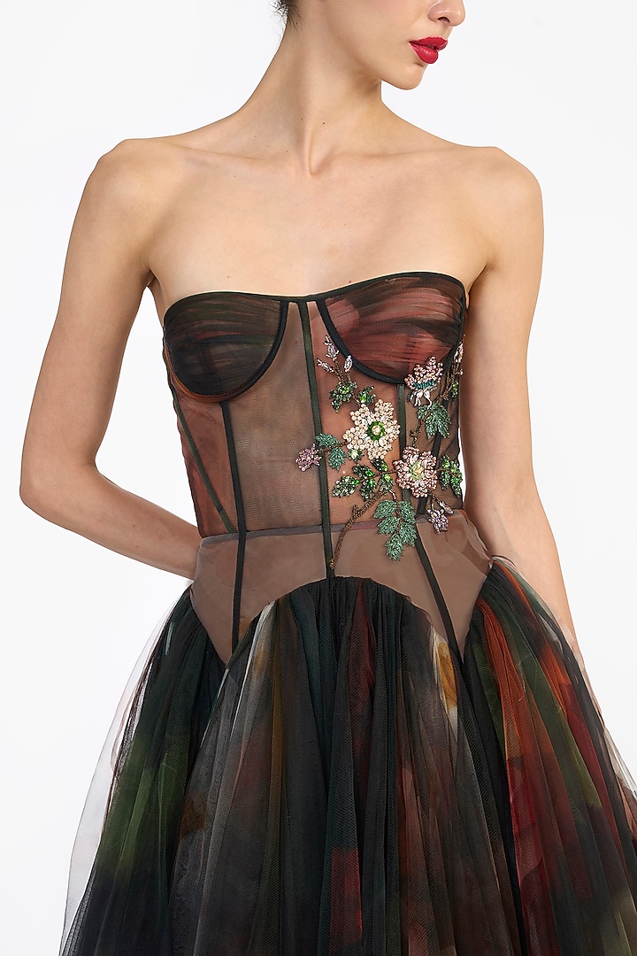 Multi-Colored Tulle Corseted Midi Party Wear Dress by Gauri And Nainika at Pernia's Pop Up Shop