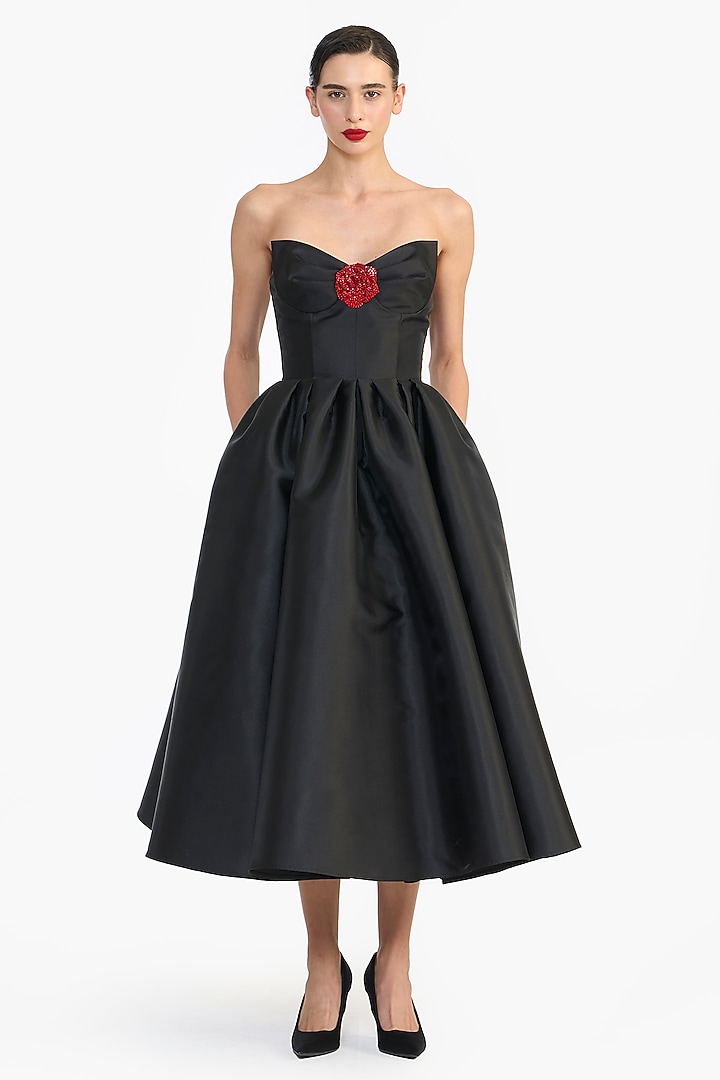 Black Mikado Sculpted Strapless Midi Party Wear Dress by Gauri And Nainika at Pernia's Pop Up Shop