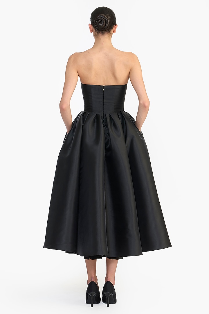 Black Mikado Sculpted Strapless Midi Party Wear Dress by Gauri And Nainika at Pernia's Pop Up Shop