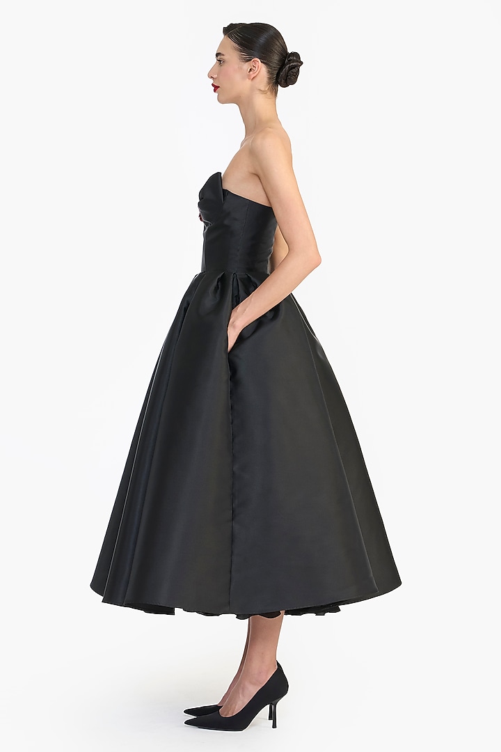 Black Mikado Sculpted Strapless Midi Party Wear Dress by Gauri And Nainika at Pernia's Pop Up Shop