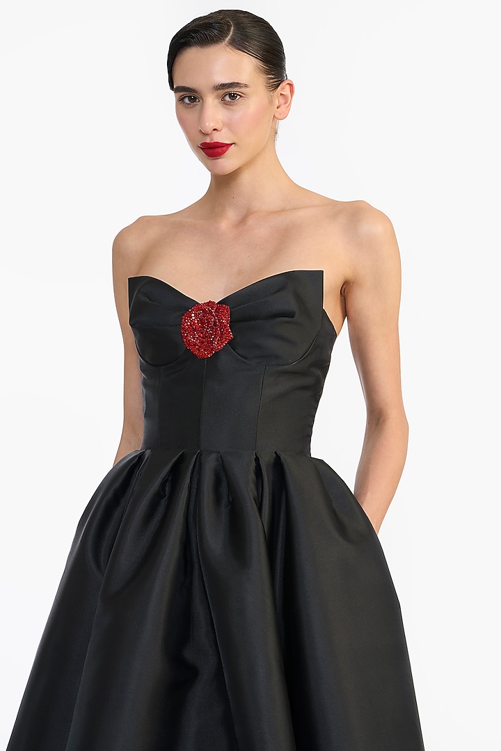 Black Mikado Sculpted Strapless Midi Party Wear Dress by Gauri And Nainika at Pernia's Pop Up Shop