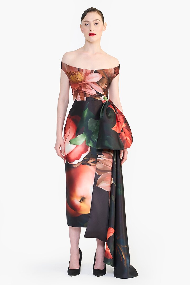 Black Mikado Floral Printed Off-Shoulder Draped Wedding Gown by Gauri And Nainika at Pernia's Pop Up Shop