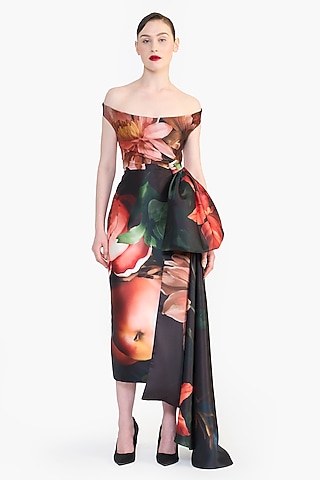 Black Mikado Floral Printed Off-Shoulder Draped Gown by Gauri And Nainika