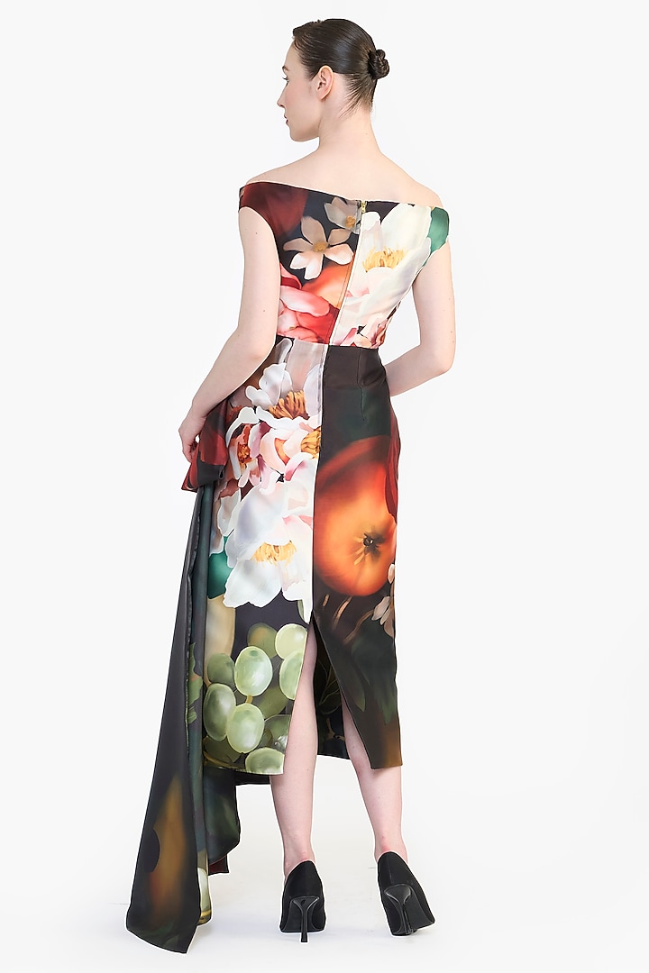 Black Mikado Floral Printed Off-Shoulder Draped Wedding Gown by Gauri And Nainika at Pernia's Pop Up Shop