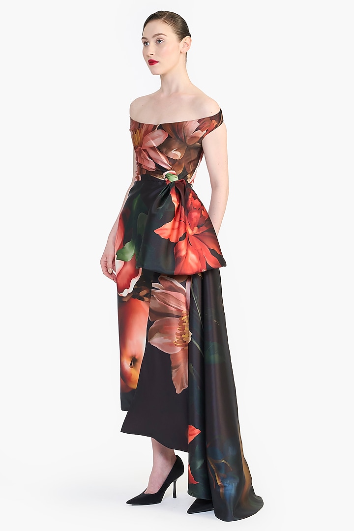 Black Mikado Floral Printed Off-Shoulder Draped Wedding Gown by Gauri And Nainika at Pernia's Pop Up Shop