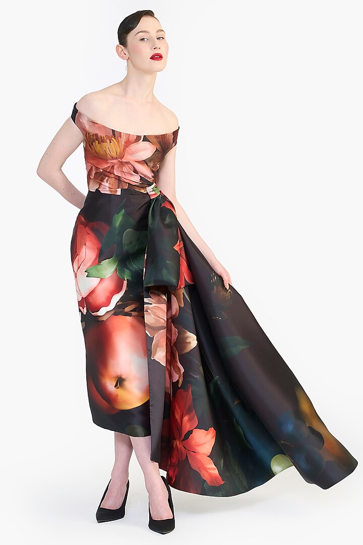 Black Mikado Floral Printed Off-Shoulder Draped Wedding Gown by Gauri And Nainika at Pernia's Pop Up Shop