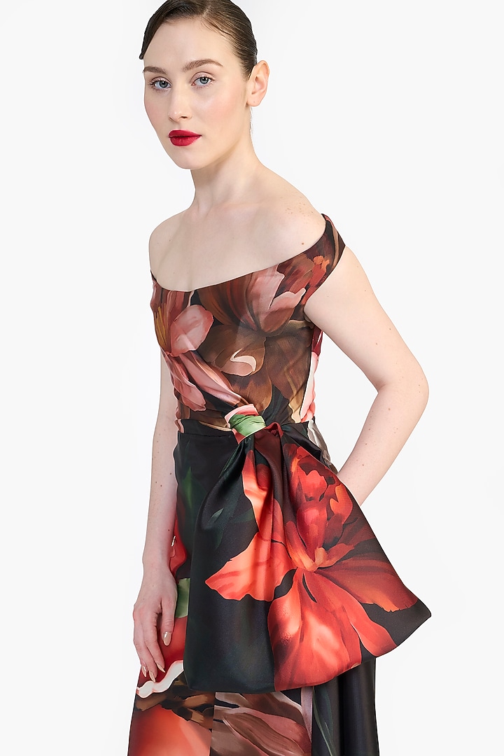 Black Mikado Floral Printed Off-Shoulder Draped Wedding Gown by Gauri And Nainika at Pernia's Pop Up Shop