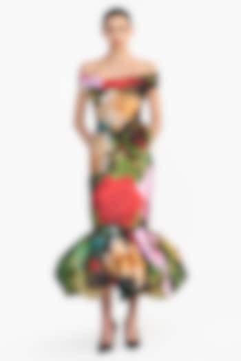 Green & Red Mikado Off-Shoulder Draped Midi Party Wear Dress by Gauri and Nainika at Pernia's Pop Up Shop