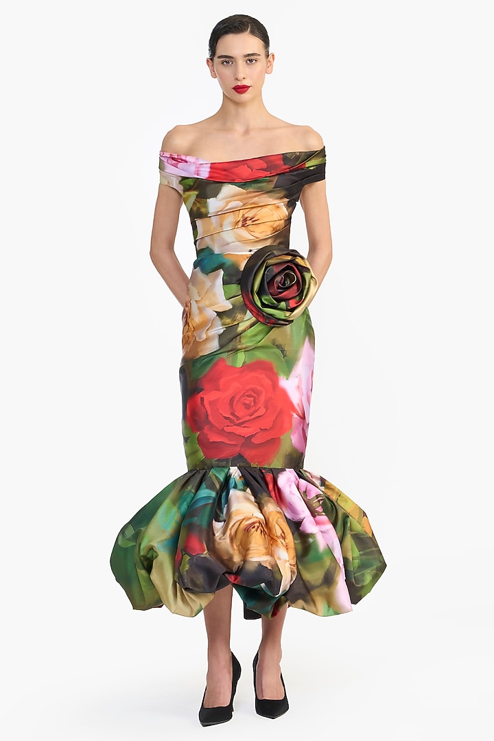Green & Red Mikado Off-Shoulder Draped Midi Party Wear Dress by Gauri and Nainika at Pernia's Pop Up Shop
