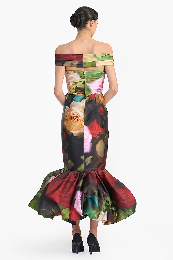 Green & Red Mikado Off-Shoulder Draped Midi Party Wear Dress by Gauri and Nainika at Pernia's Pop Up Shop