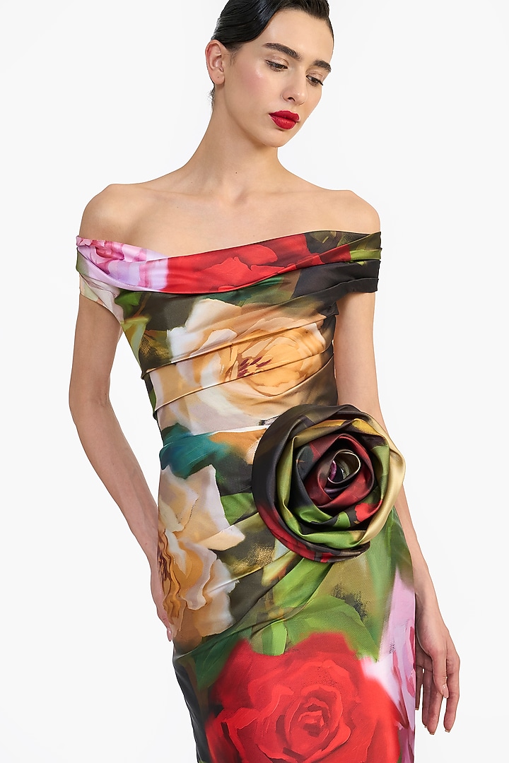Green & Red Mikado Off-Shoulder Draped Midi Party Wear Dress by Gauri and Nainika at Pernia's Pop Up Shop