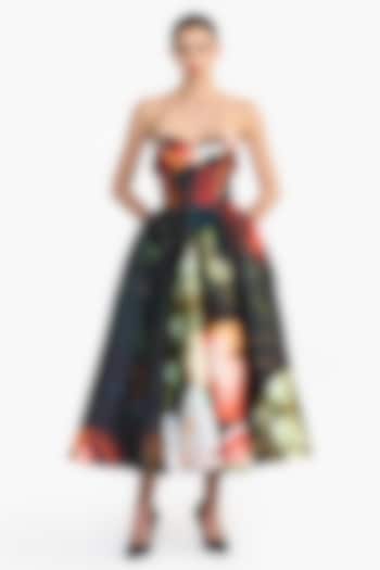 Black Mikado Printed Draped Midi Party Wear Dress by Gauri and Nainika at Pernia's Pop Up Shop