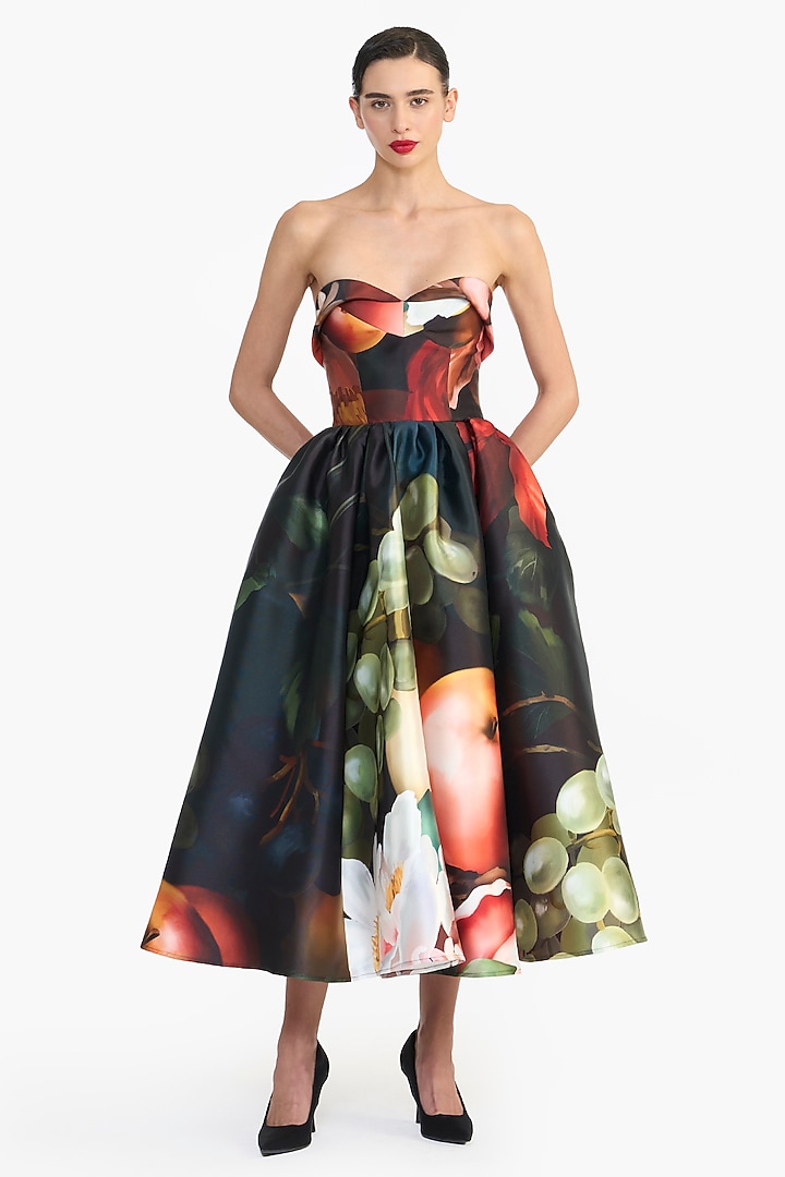Black Mikado Printed Draped Midi Party Wear Dress by Gauri and Nainika at Pernia's Pop Up Shop