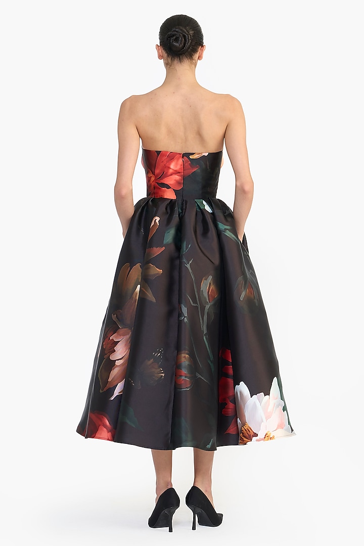 Black Mikado Printed Draped Midi Party Wear Dress by Gauri and Nainika at Pernia's Pop Up Shop