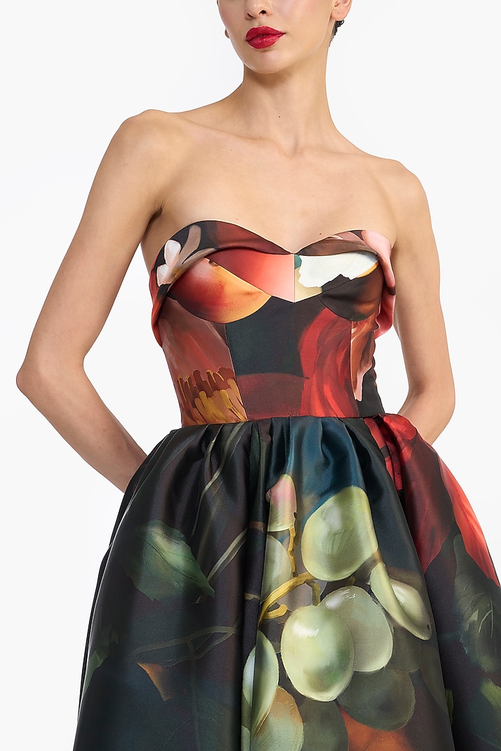 Black Mikado Printed Draped Midi Party Wear Dress by Gauri and Nainika at Pernia's Pop Up Shop