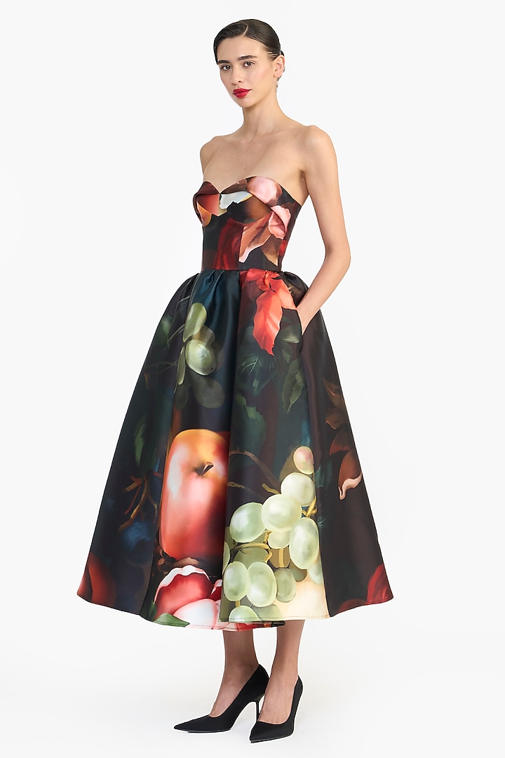 Black Mikado Printed Draped Midi Party Wear Dress by Gauri and Nainika at Pernia's Pop Up Shop
