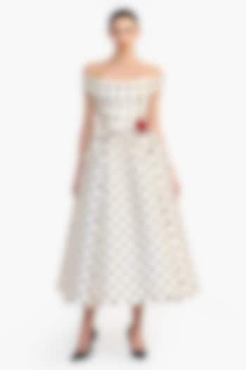Ivory Mikado Hand Embroidered Polka Dot Midi Party Wear Dress by Gauri and Nainika at Pernia's Pop Up Shop