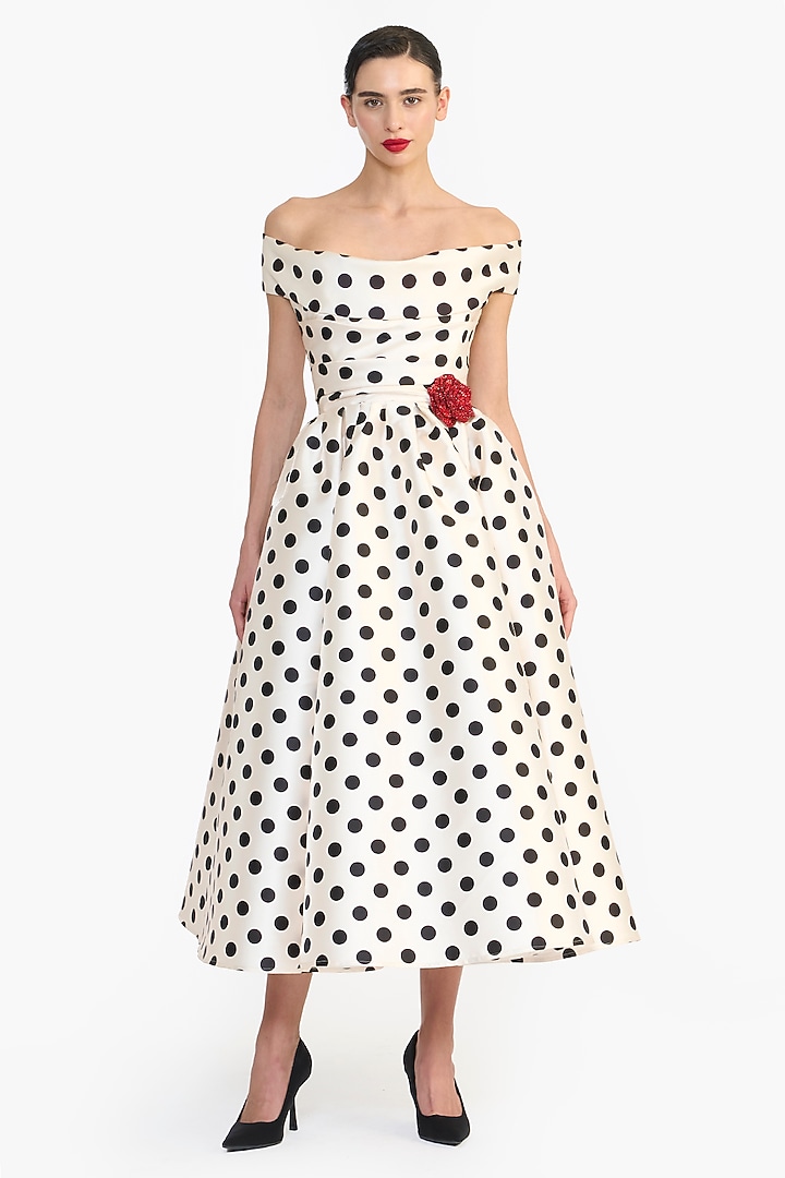Ivory Mikado Hand Embroidered Polka Dot Midi Party Wear Dress by Gauri and Nainika at Pernia's Pop Up Shop