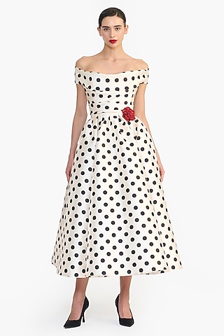 Ivory Mikado Hand Embroidered Polka Dot Midi Dress by Gauri and Nainika