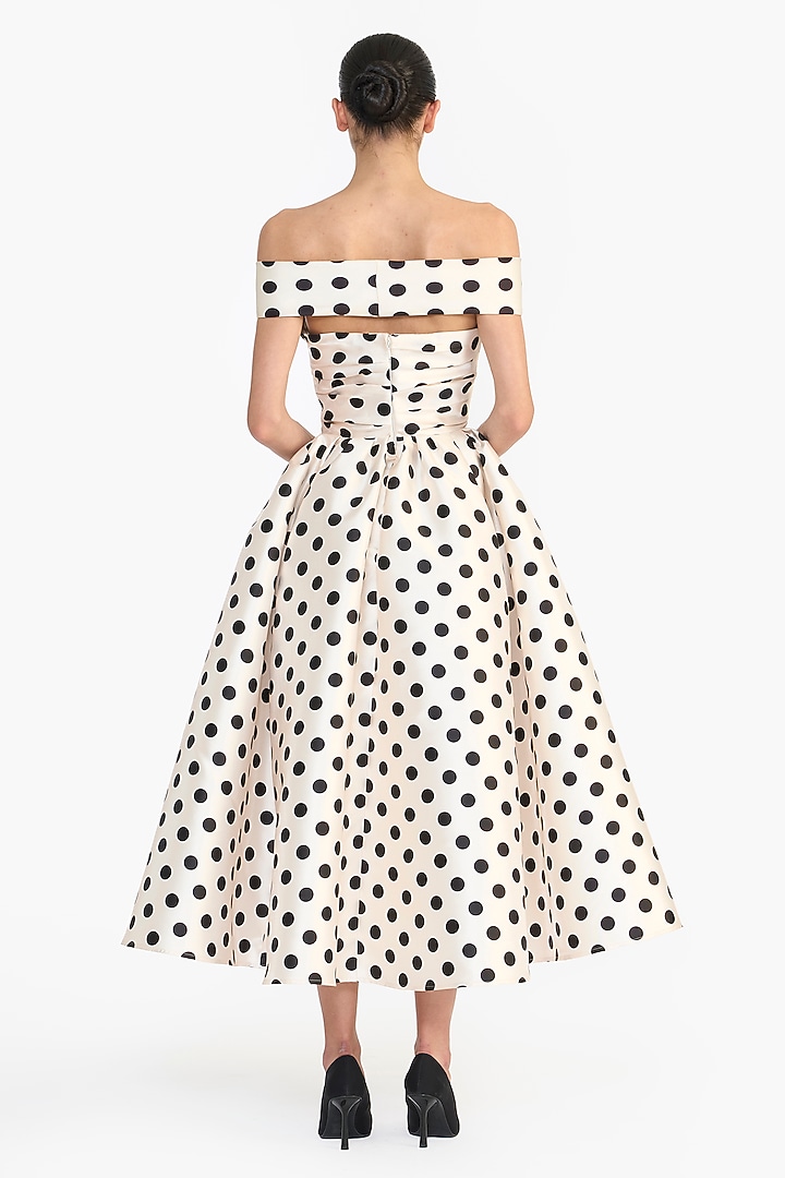 Ivory Mikado Hand Embroidered Polka Dot Midi Party Wear Dress by Gauri and Nainika at Pernia's Pop Up Shop