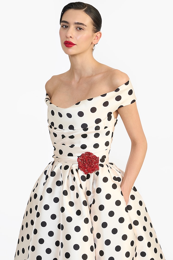 Ivory Mikado Hand Embroidered Polka Dot Midi Party Wear Dress by Gauri and Nainika at Pernia's Pop Up Shop
