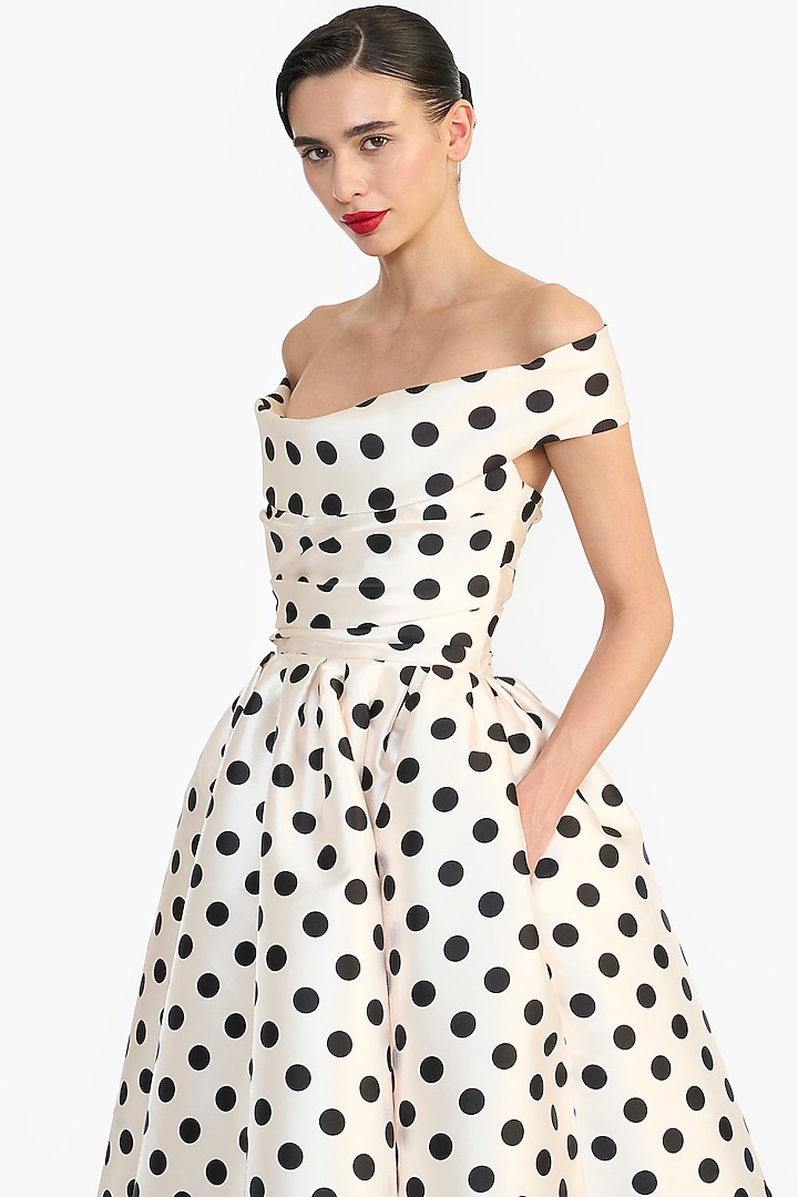 Ivory Mikado Hand Embroidered Polka Dot Midi Party Wear Dress by Gauri and Nainika at Pernia's Pop Up Shop