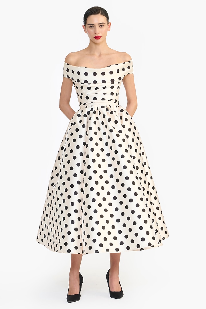 Ivory Mikado Hand Embroidered Polka Dot Midi Party Wear Dress by Gauri and Nainika at Pernia's Pop Up Shop