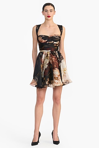 Black Pure Satin Organza Draped Mini Dress by Gauri and Nainika