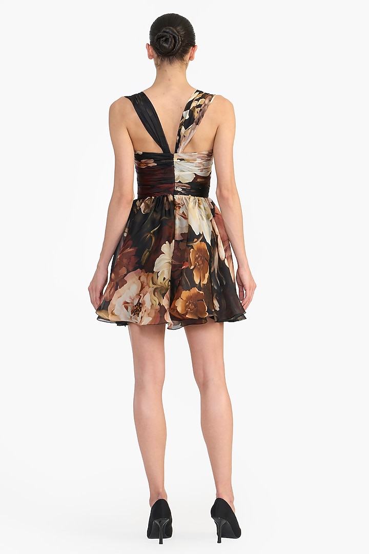 Black Pure Satin Organza Draped Mini Party Wear Dress by Gauri and Nainika at Pernia's Pop Up Shop