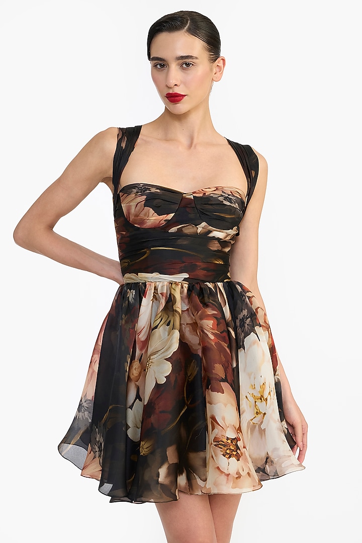 Black Pure Satin Organza Draped Mini Party Wear Dress by Gauri and Nainika at Pernia's Pop Up Shop