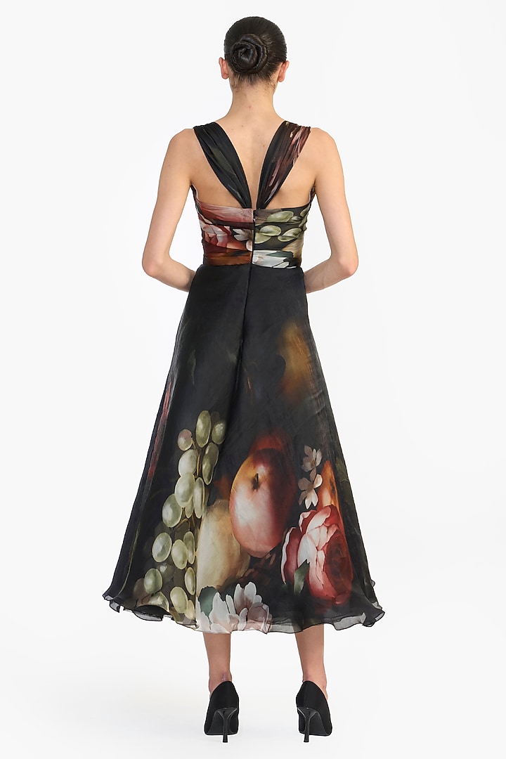 Black Pure Satin Organza Draped Flat Midi Party Wear Dress by Gauri and Nainika at Pernia's Pop Up Shop