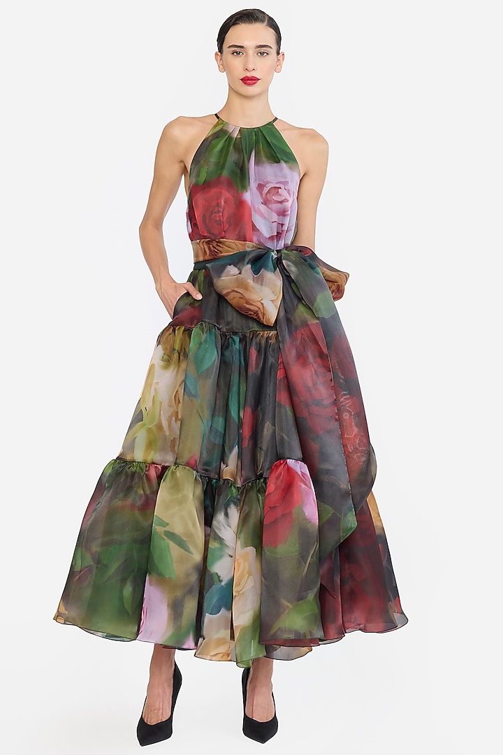 Green & Red Organza Floral Printed Maxi Party Wear Dress by Gauri And Nainika at Pernia's Pop Up Shop