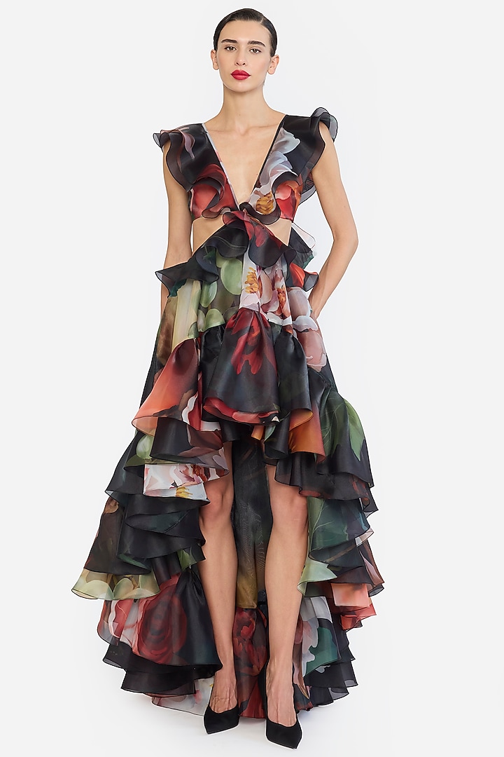 Multi-Colored Organza Printed High-Low Ruffled Party Wear Dress by Gauri And Nainika at Pernia's Pop Up Shop