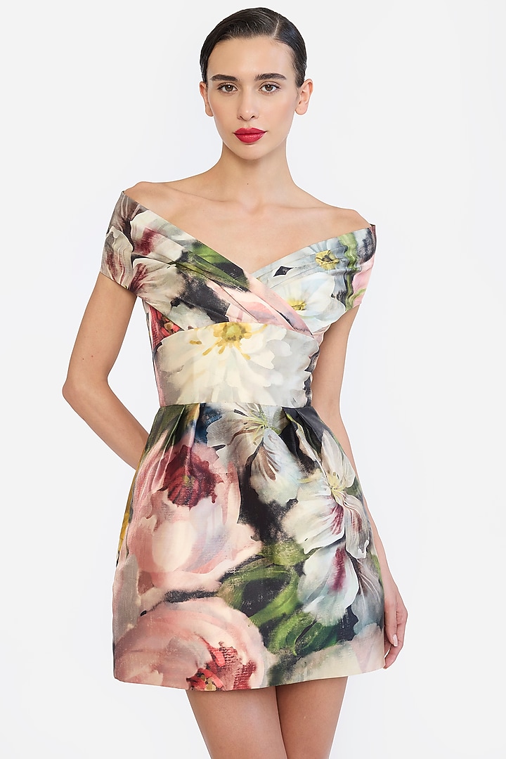 Multi-Colored Mikado Printed Draped Mini Party Wear Dress by Gauri And Nainika at Pernia's Pop Up Shop