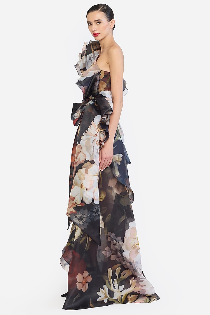 Multi-Colored Organza Floral Printed One-Shoulder Party Wear Dress by Gauri And Nainika at Pernia's Pop Up Shop