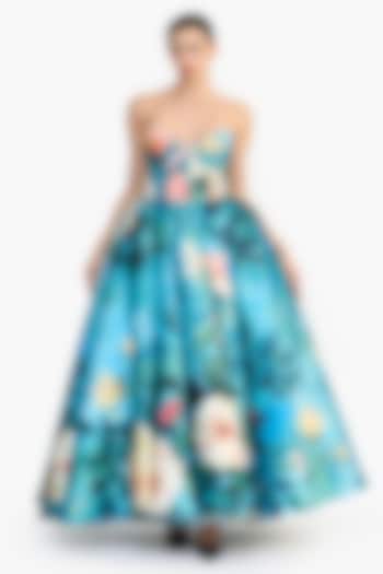 Blue Mikado Printed Sculpted Maxi Party Wear Dress by Gauri And Nainika at Pernia's Pop Up Shop