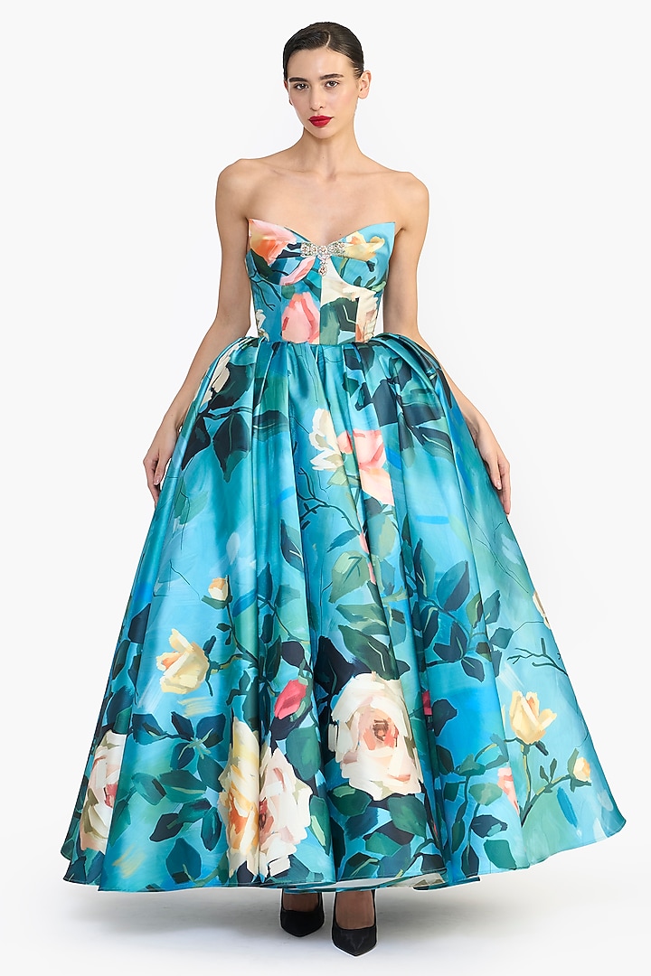 Blue Mikado Printed Sculpted Maxi Party Wear Dress by Gauri And Nainika at Pernia's Pop Up Shop