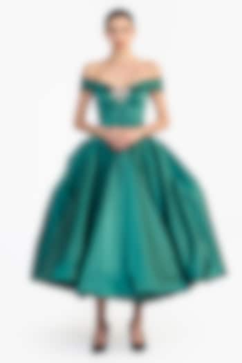 Posy Green Duchess Satin Balloon Midi Party Wear Dress by Gauri And Nainika at Pernia's Pop Up Shop