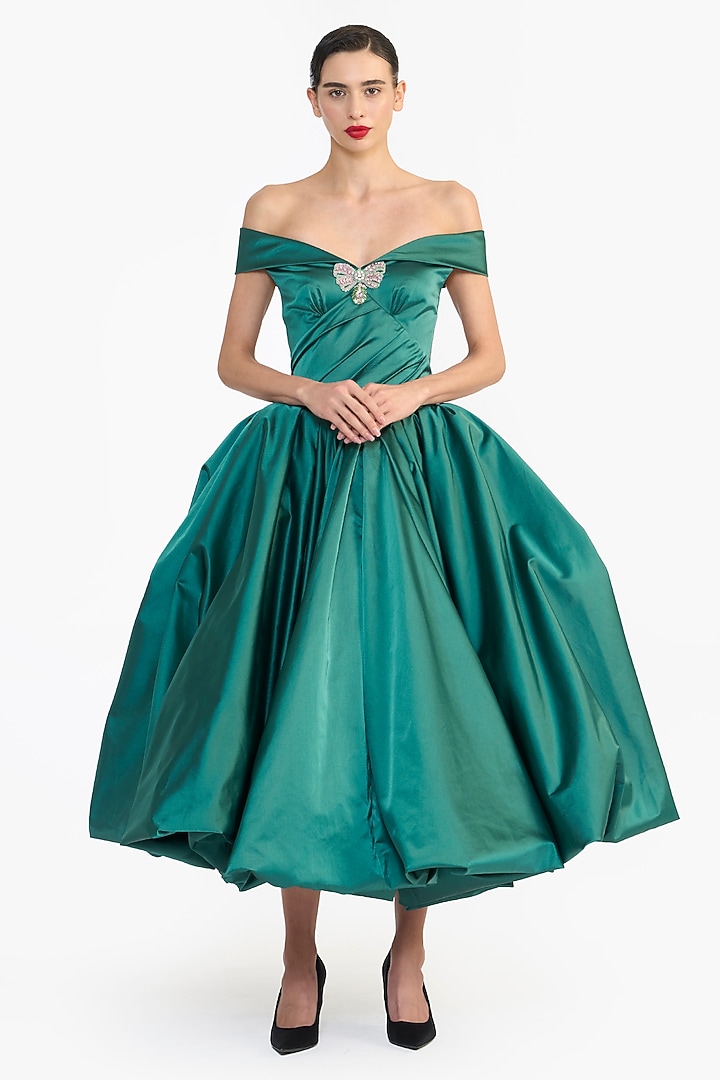 Posy Green Duchess Satin Balloon Midi Party Wear Dress by Gauri And Nainika at Pernia's Pop Up Shop