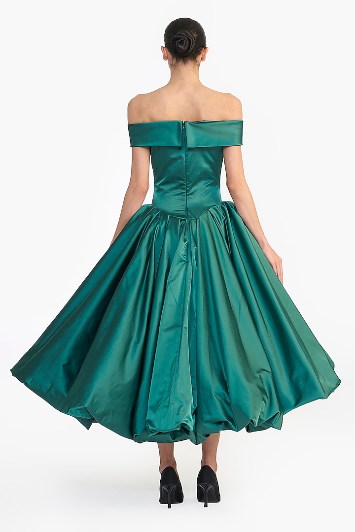 Posy Green Duchess Satin Balloon Midi Party Wear Dress by Gauri And Nainika at Pernia's Pop Up Shop